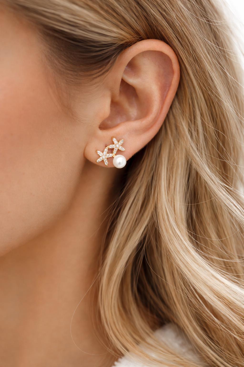 4pcs Gold CZ Pave Flower Glass Pearl Earring, Star Earring (#GB-4276)